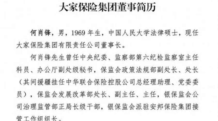 大家保险原董事长何肖锋官网简历悄然撤下,法定代表人变更为孙先亮