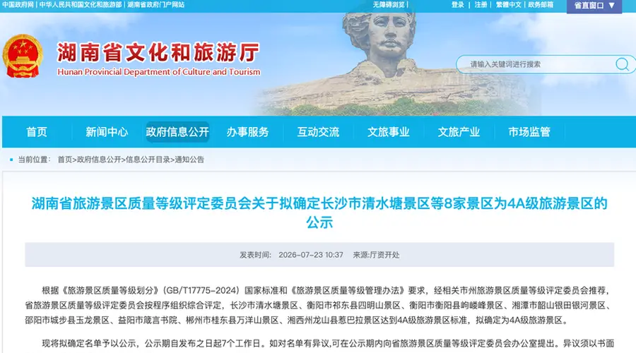 正在公示!湖南拟新增8家国家4A级景区,分布在长沙、衡阳等7市州,箴言书院、惹巴拉等在列