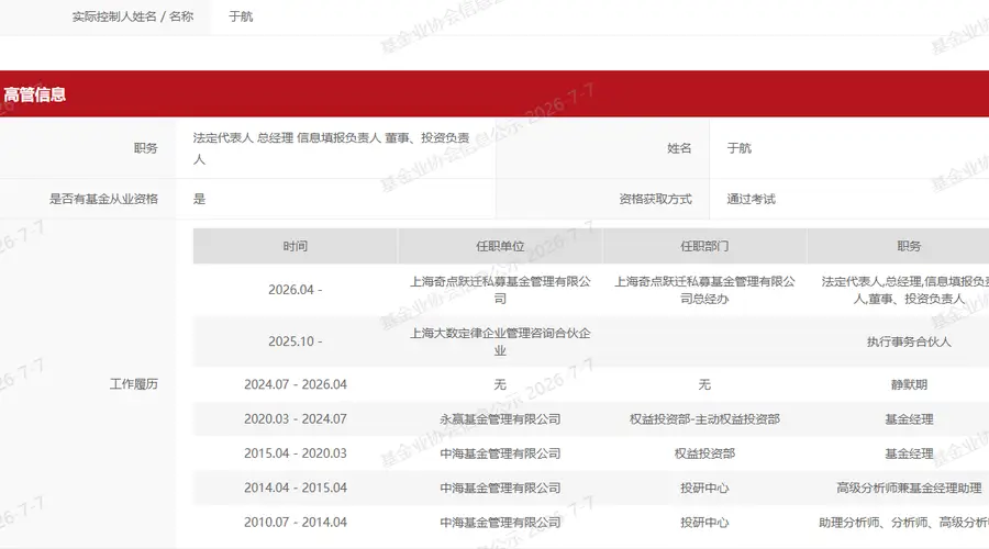 公募基金经理变更潮持续,前永赢基金经理于航创办私募备案,持股平台集结多位前同僚