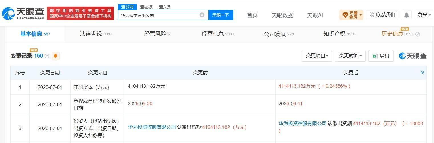 华为技术公司增资至约411.4亿
