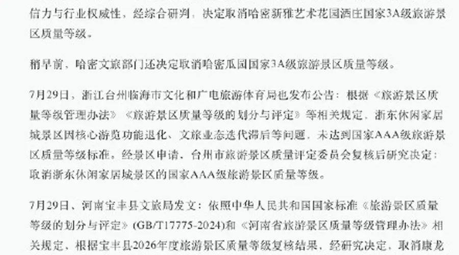 暑期多地多景区3A等级被取消 含安徽萧县山西盂县陕西宝鸡景区