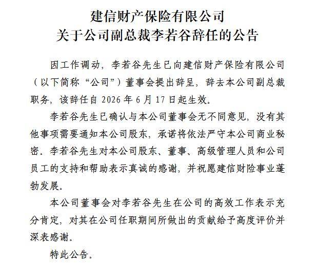 建信财险副总裁李若谷辞任