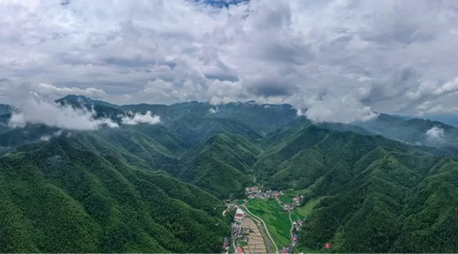 7月24日江西芦溪:窑下村清晨晓雾漫过翠林 山衔黛色绘出静谧山居