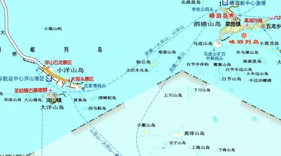 上海到嵊泗经过东海大桥，到沈家湾有汽渡，未来有沪舟甬跨海通道