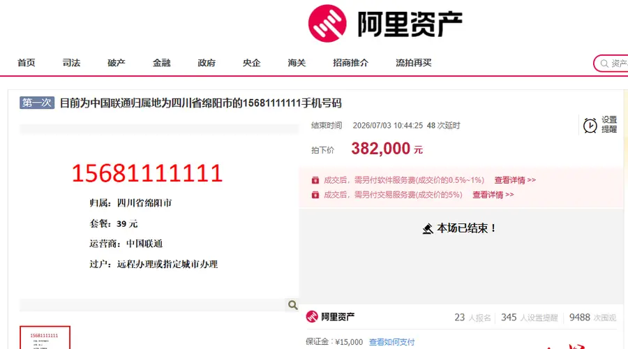 38.2万！四川绵阳一尾号1111111手机号被拍卖，过户后无最低消费