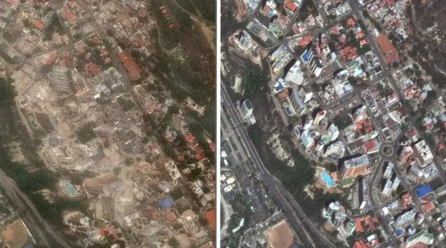 委强震前后卫星图对比:建筑夷为平地 令人不寒而栗