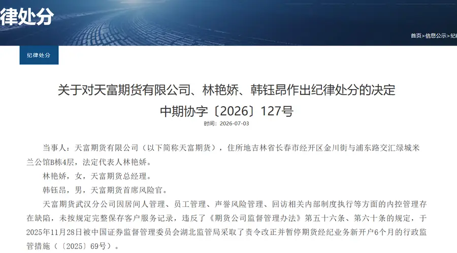 内控管理存在缺陷 天富期货被暂停新签居间合同12个月