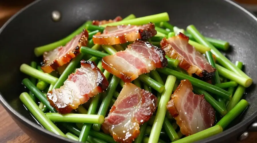 比腊肉炒蒜苗更清爽的搭配?腊肉炒蒜苔,一口脆嫩一口香