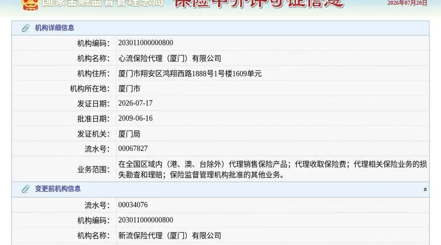 心流保险代理(厦门)有限公司获换发保险中介许可证,发证日期为2026年7月17日