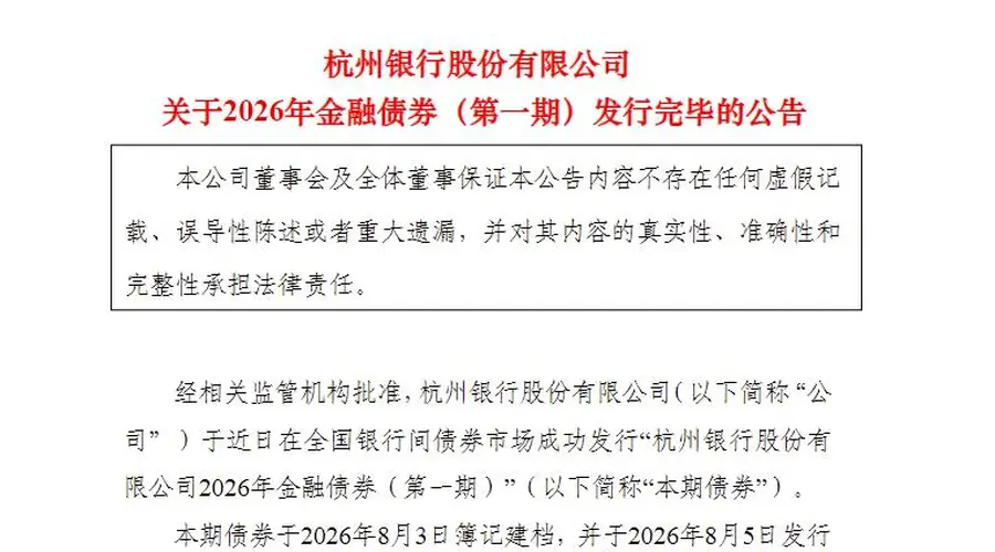 杭州银行完成200亿元3年期金融债发行 票面利率1.57%
